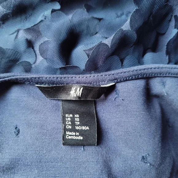 H&M Navy Blue Fit Flare Mini Dress Floral Appliqué Embellishments Stretch XS - Picture 7 of 9